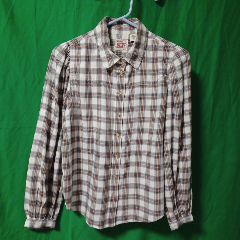 Levis Womens Plaid Button Down Shirt Small Brown Blue Western Puff Sleeve Fair